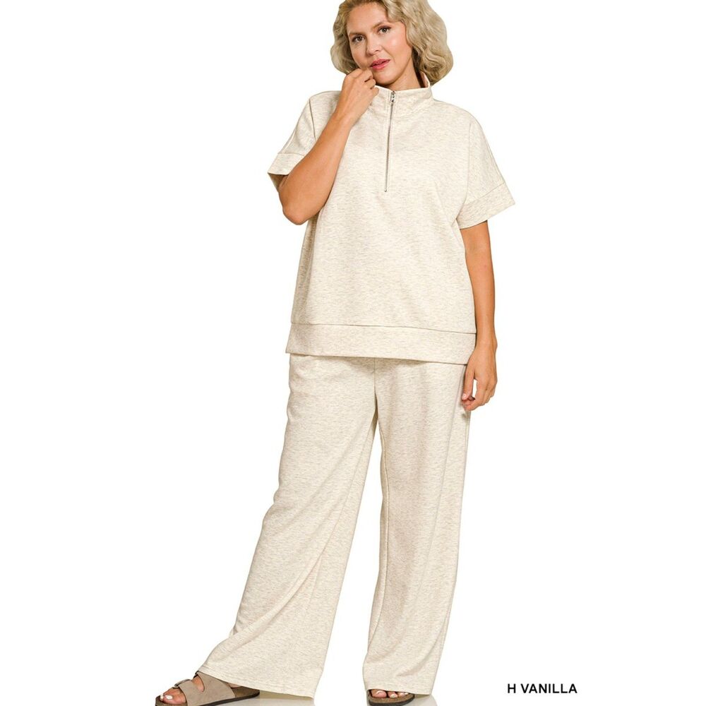 Brand New Size 1X Zenana Scuba High Neck Half Zip Top/Pants Set -Heather Vanilla